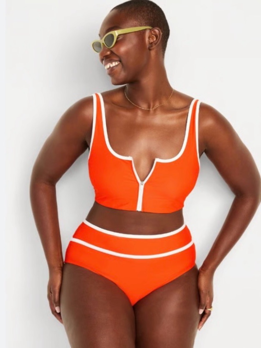 Old Navy - Bikini - Top & Bottom - Orange - White - Front Zip - High Waisted - L